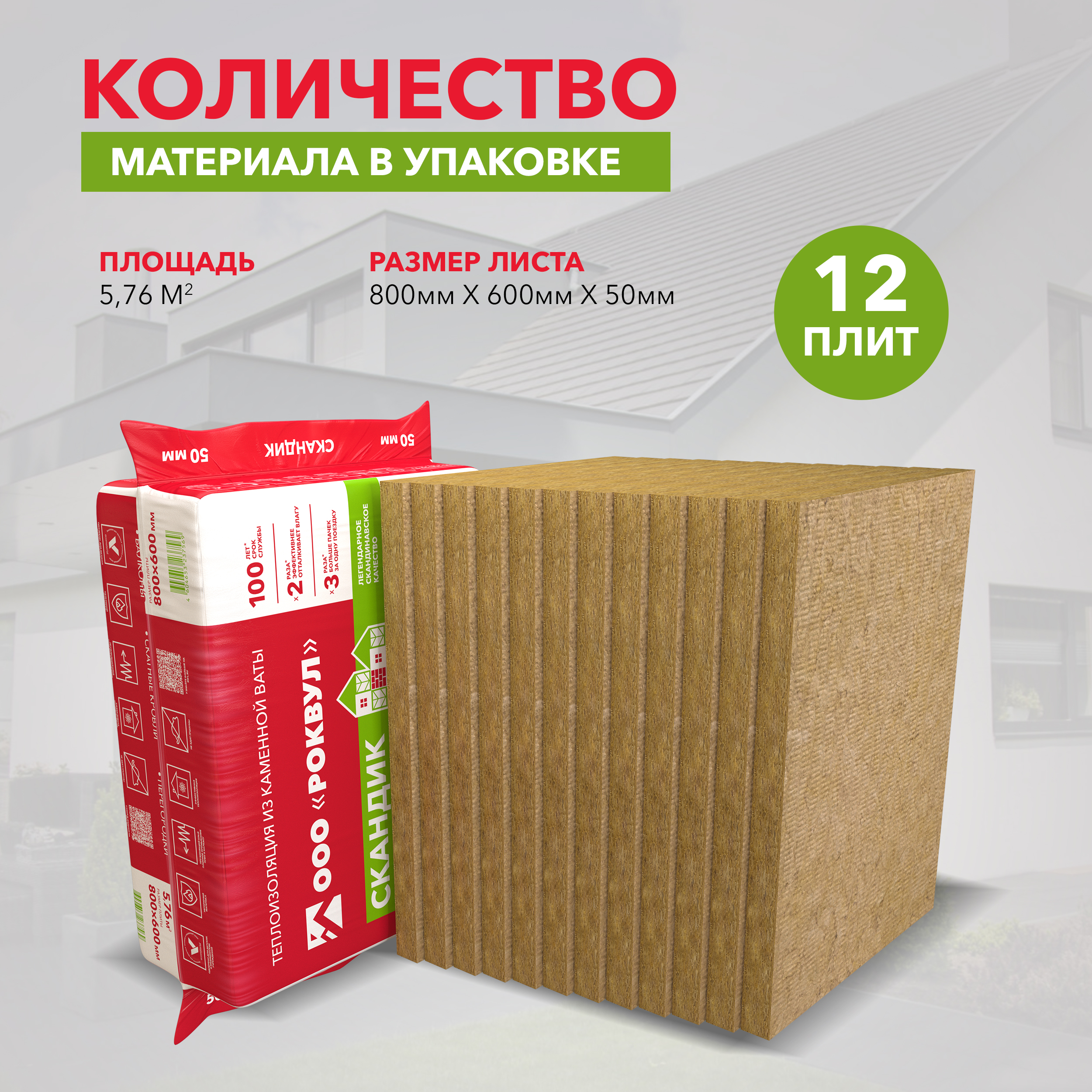 Утеплитель Роквул Лайт Баттс Скандик 800х600х50 мм цена за упаковку