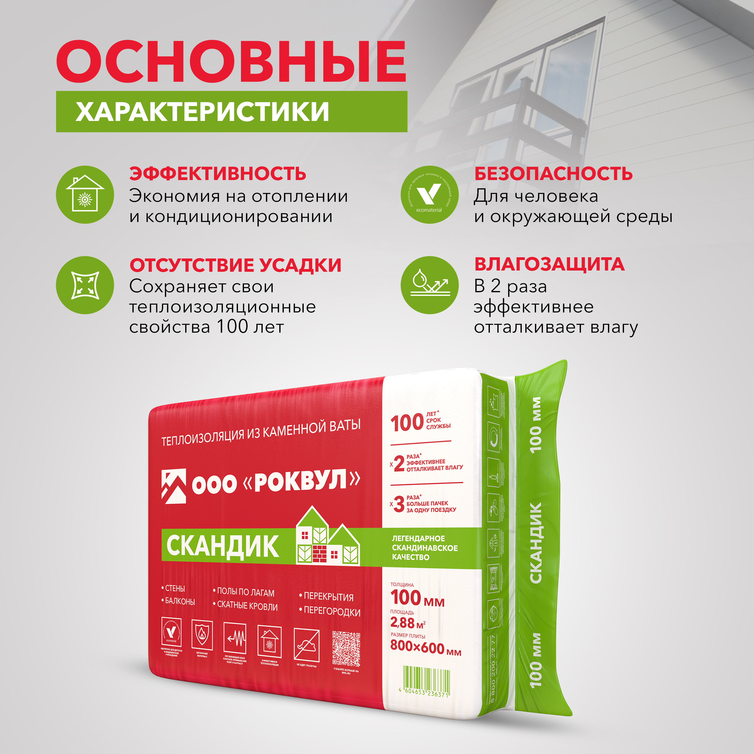 Утеплитель Роквул Лайт Баттс Скандик 800х600х100 мм цена за упаковку