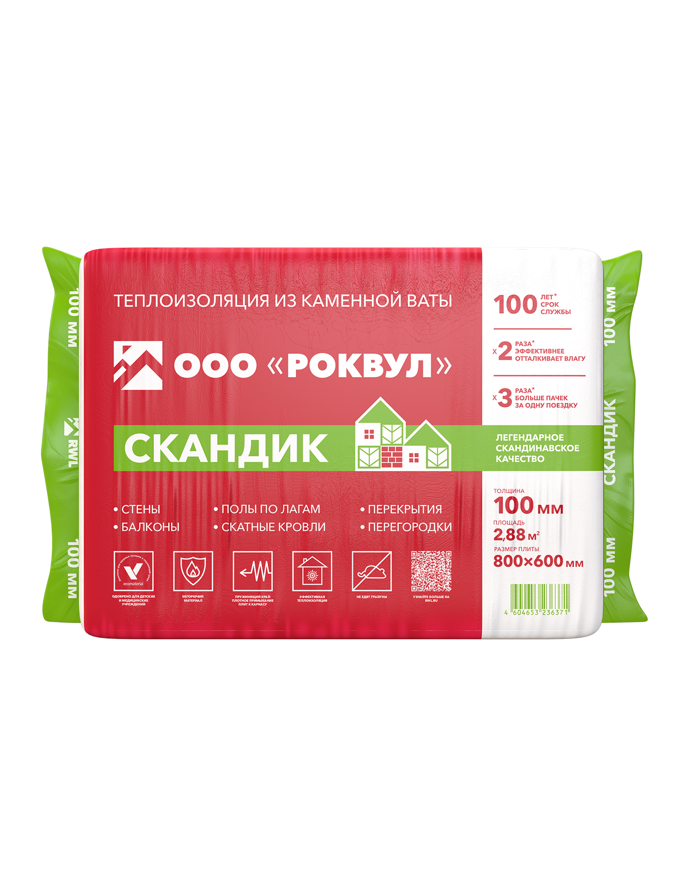 Утеплитель Роквул Лайт Баттс Скандик 800х600х100 мм