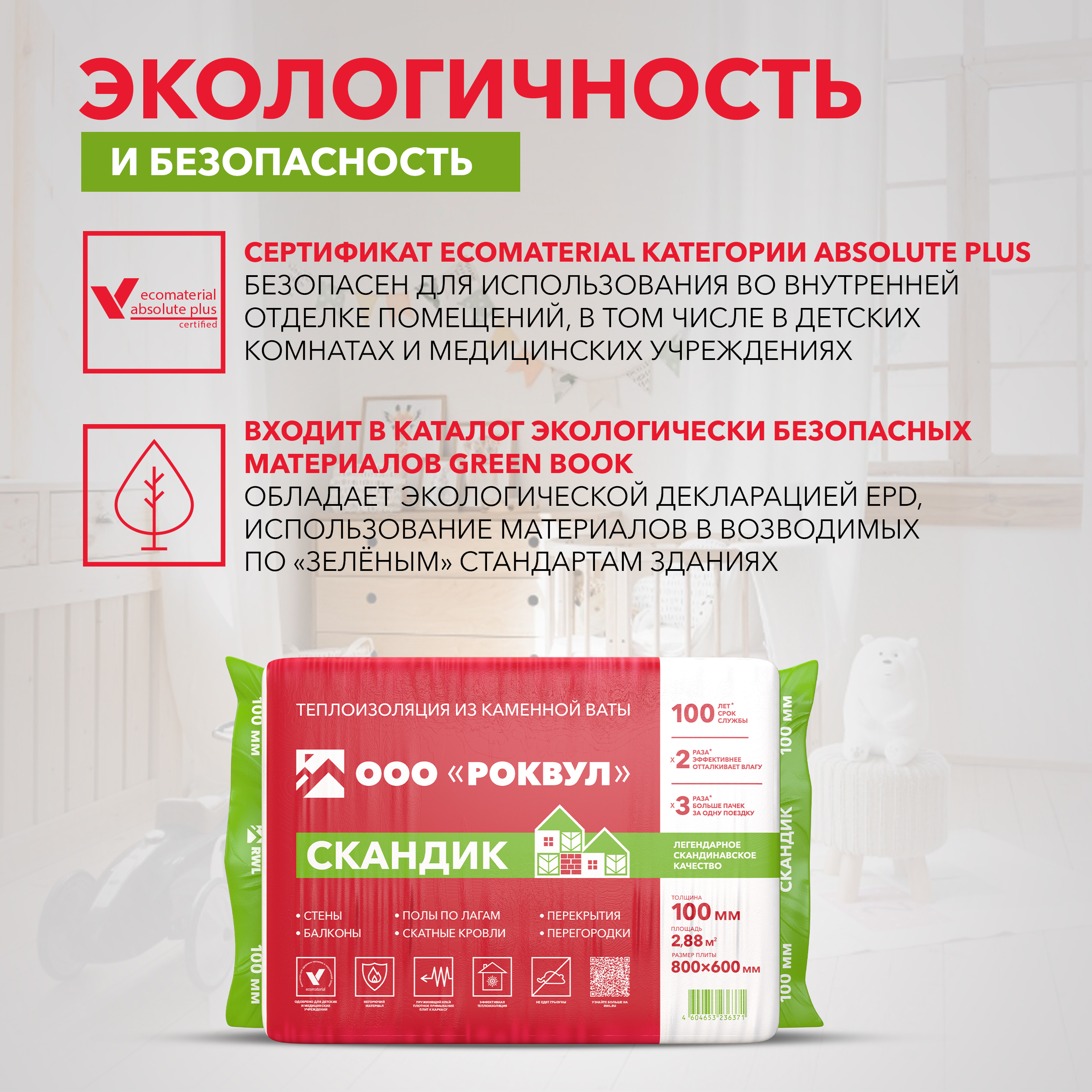 Утеплитель Роквул Лайт Баттс Скандик 800х600х100 мм цена за упаковку