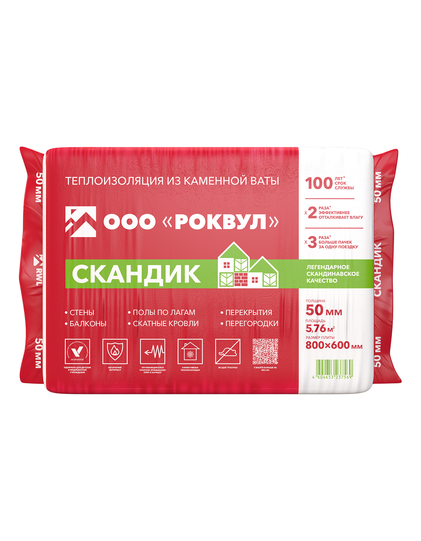 Утеплитель Роквул Лайт Баттс Скандик 800х600х50 мм