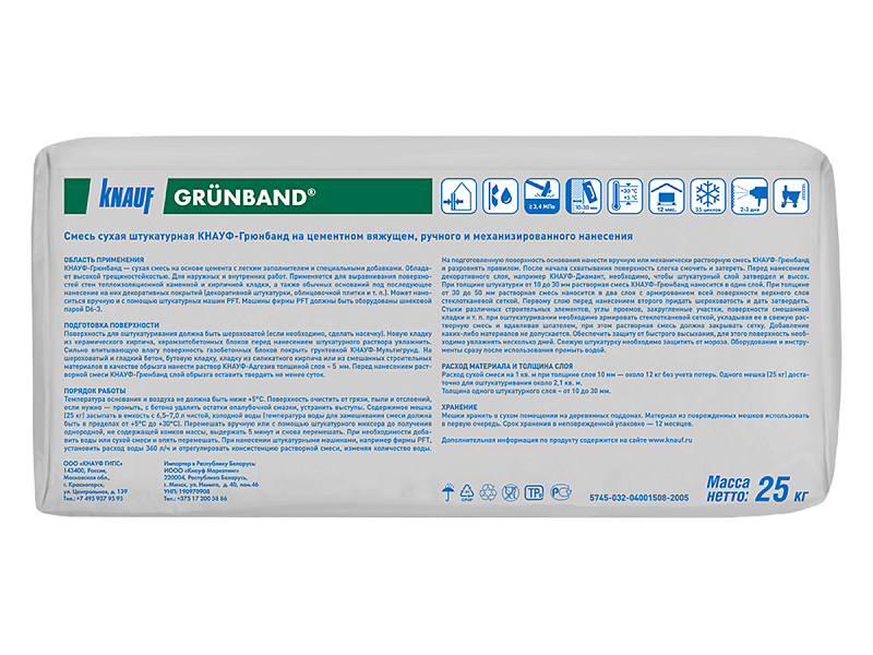 Штукатурка цементная Knauf Грюнбанд 25 кг цена