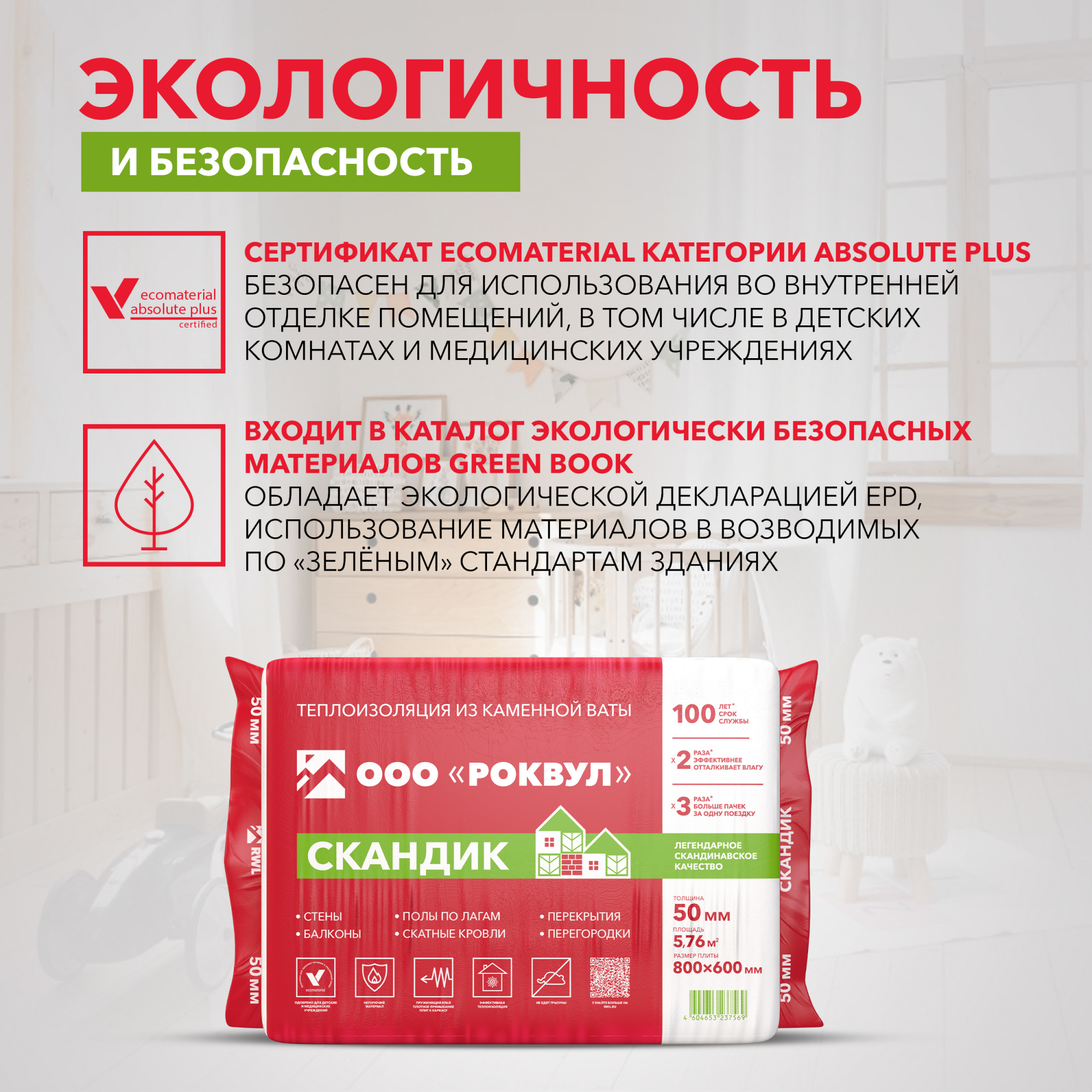 Утеплитель Роквул Лайт Баттс Скандик 800х600х50 мм цена за упаковку