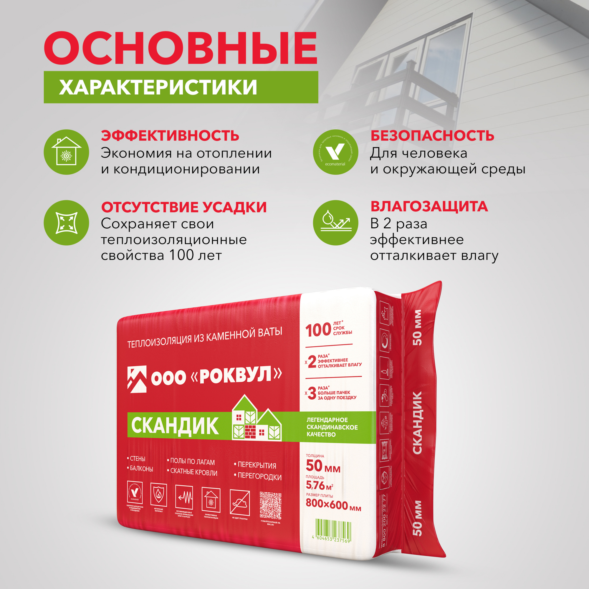 Утеплитель Роквул Лайт Баттс Скандик 800х600х50 мм цена за упаковку